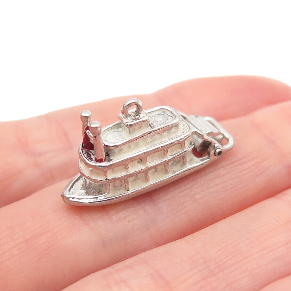 925 Sterling Silver Antique Art Deco Enamel Steamboat 3D Mini Charm Pendant